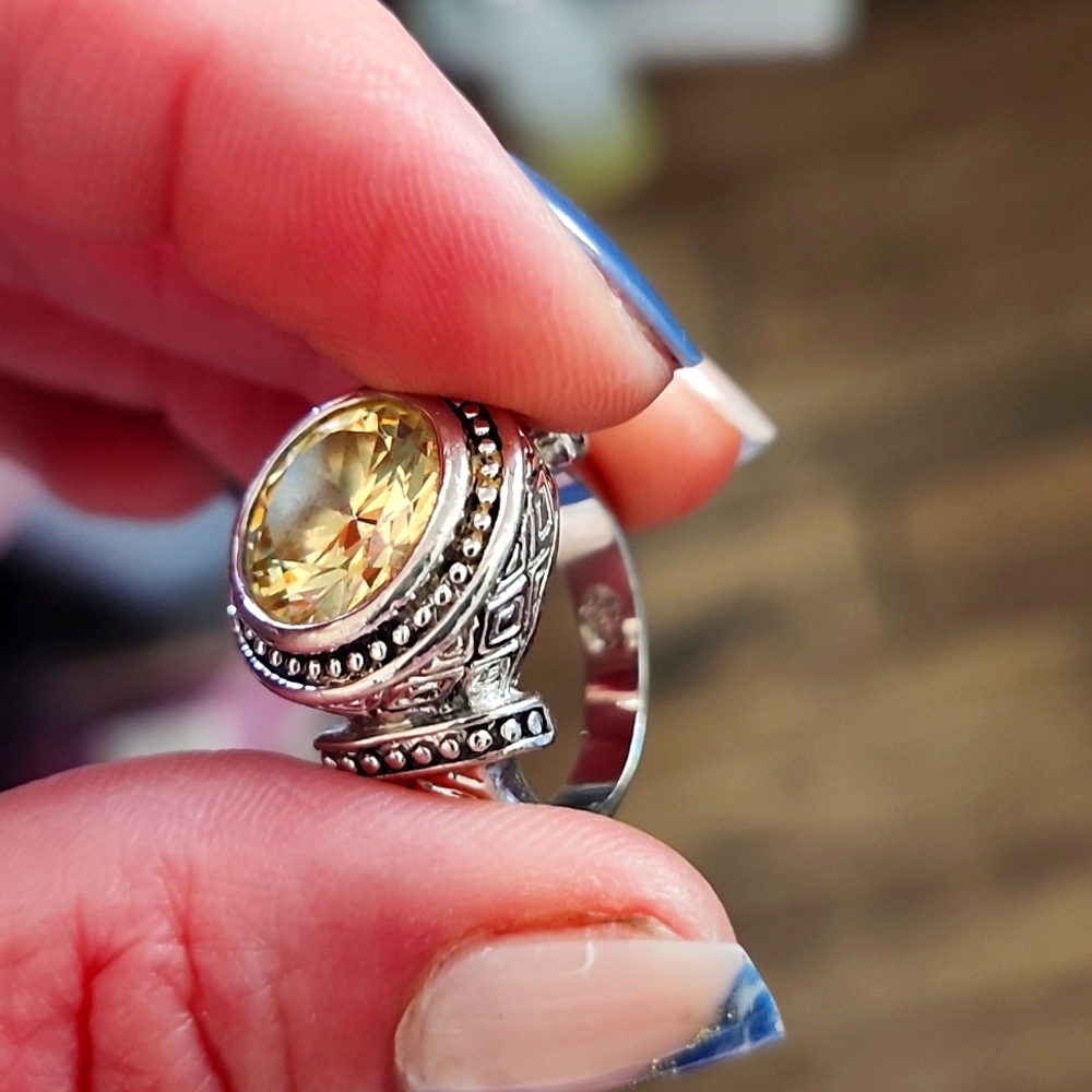 Silver Ring, Yellow Stone, Marked - image 1
